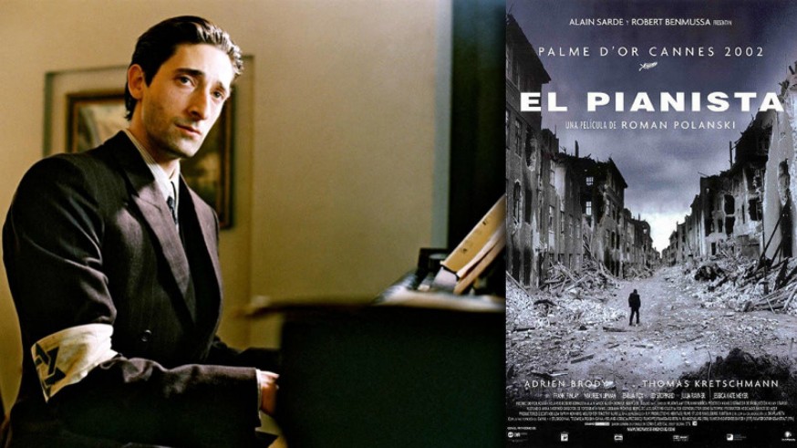 Adrien Brody y cartel de 'El pianista'