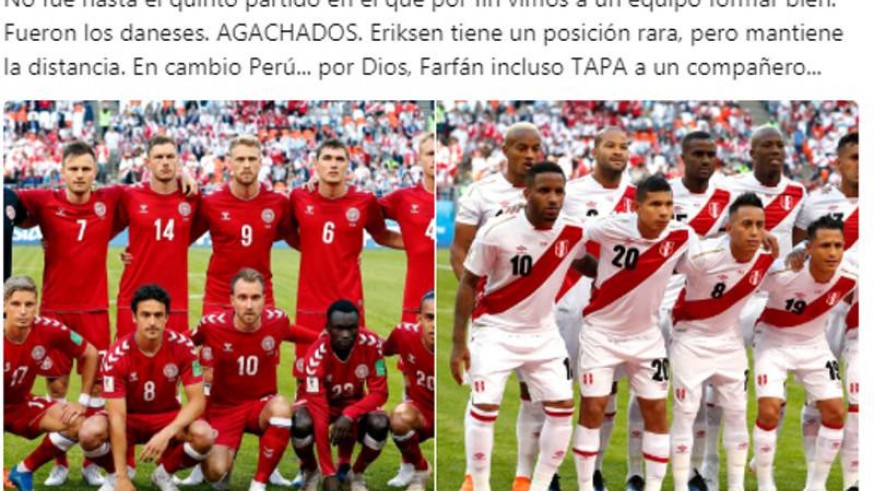 Tuit de @EduCasado con las selecciones danesa peruana