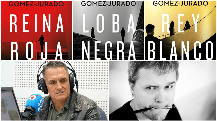 Ignacio del Olmo, Juan Gómez Jurado y detalle de las portadas de tres de sus libros