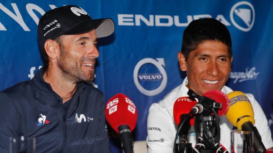 Valverde y Nairo atienden a los medios. Foto: Movistar