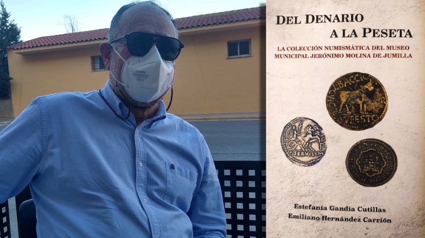 Emiliano Hernández Carrión y portada del libro 'Del denario a la peseta'