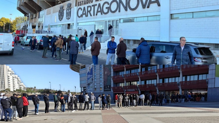 Colas en el Cartagonova y en el Enrique Roca para comprar entradas para el derbi