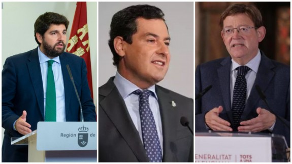 Fernando López Miras, Juanma Moreno y Ximo Puig. CARM/EUROPA PRESS