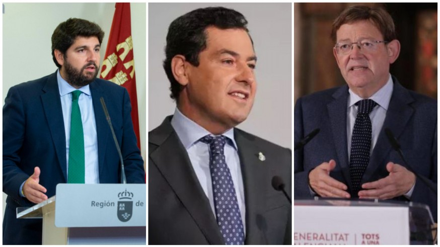 Fernando López Miras, Juanma Moreno y Ximo Puig. CARM/EUROPA PRESS