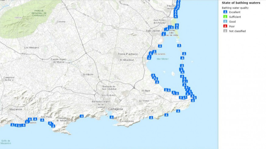 Mapa de la Comisión Europea con la calidad de aguas de baño en la Región