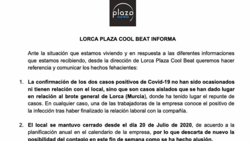 Comunicado del pub Plaza de Lorca
