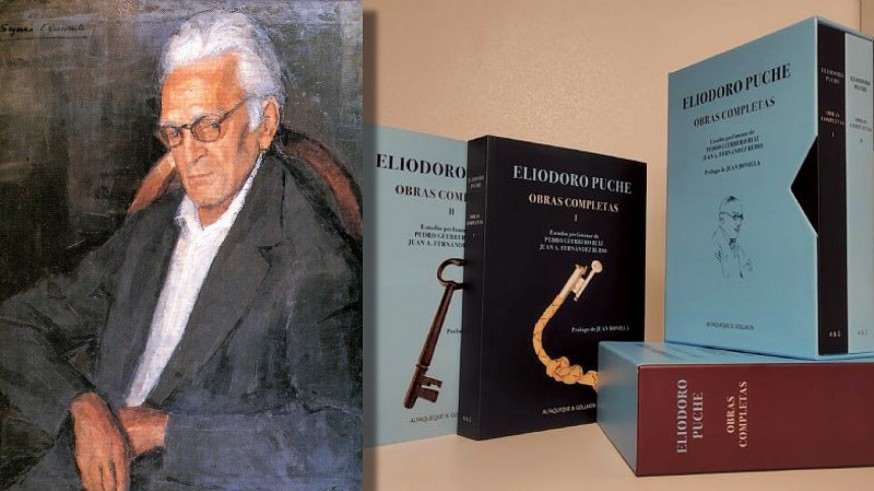 Retrato del poeta lorquino Eliodoro Puche y volúmenes de sus 'Obras completas'