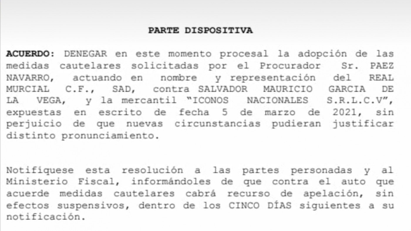 El Juzgado deniega de momento las cautelares contra Mauricio G. De la Vega, pero le pide más pruebas al Murcia sobre el investigado