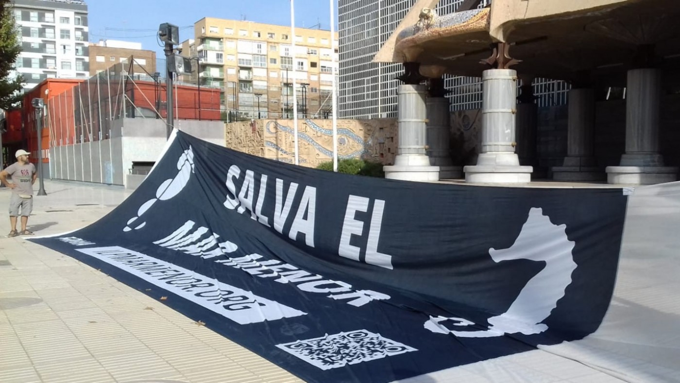Pancarta por el Mar Menor frente a la Asamblea