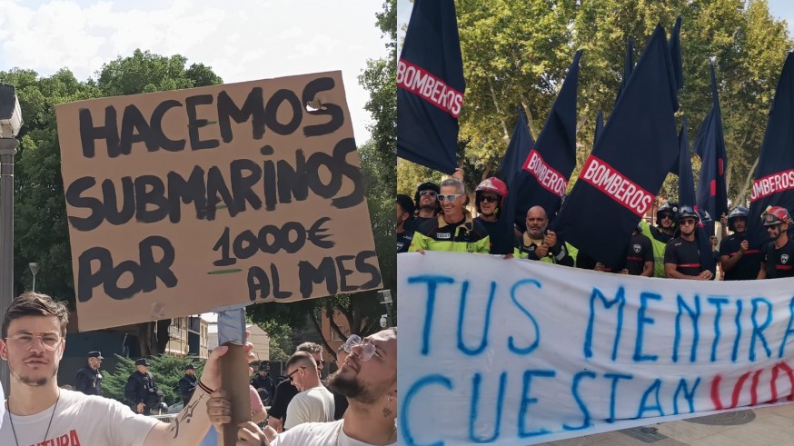 Protestas de trabajadores auxiliares de Navantia y de los bomberos del Consorcio en el inicio del debate en la Asamblea Regional 