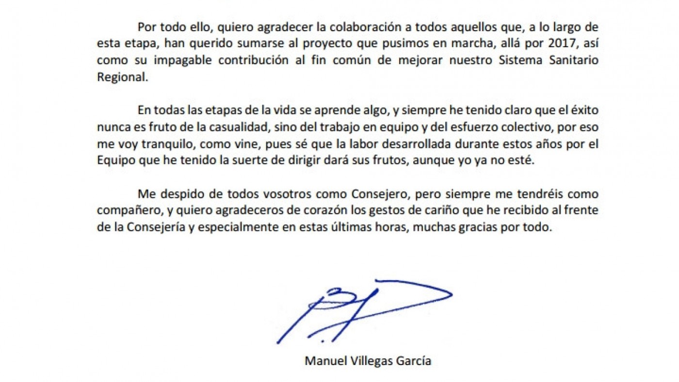 Fragmento de la carta enviada por Villegas al personal de Salud