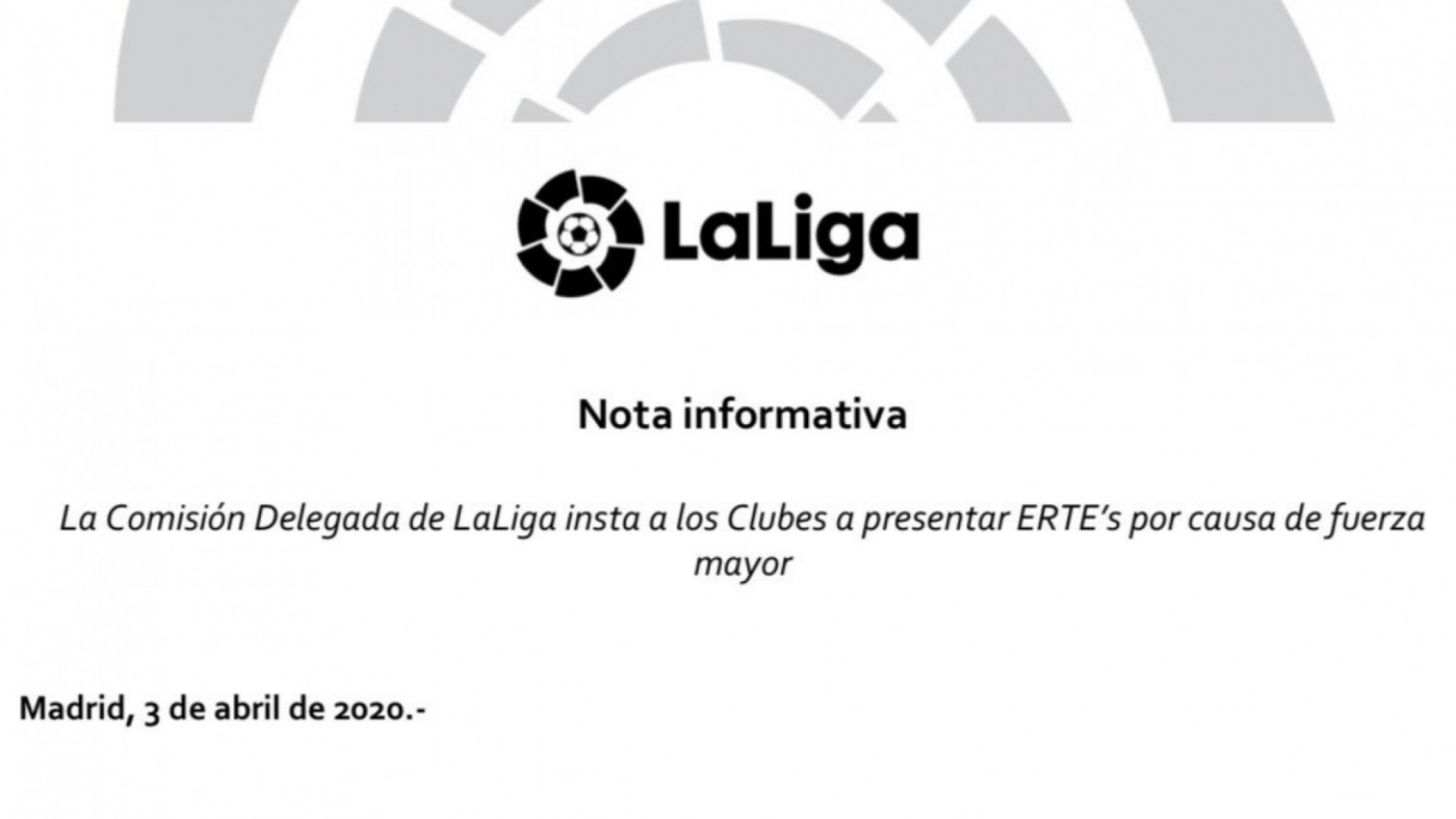 LaLiga insta a los clubs a presentar los ERTE "por causa de fuerza mayor"