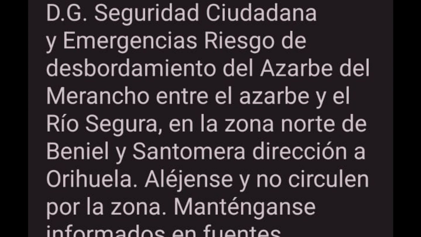 Envían un Es-Alert a la población de Beniel ante el riesgo de desbordamiento del Azarbe del Merancho