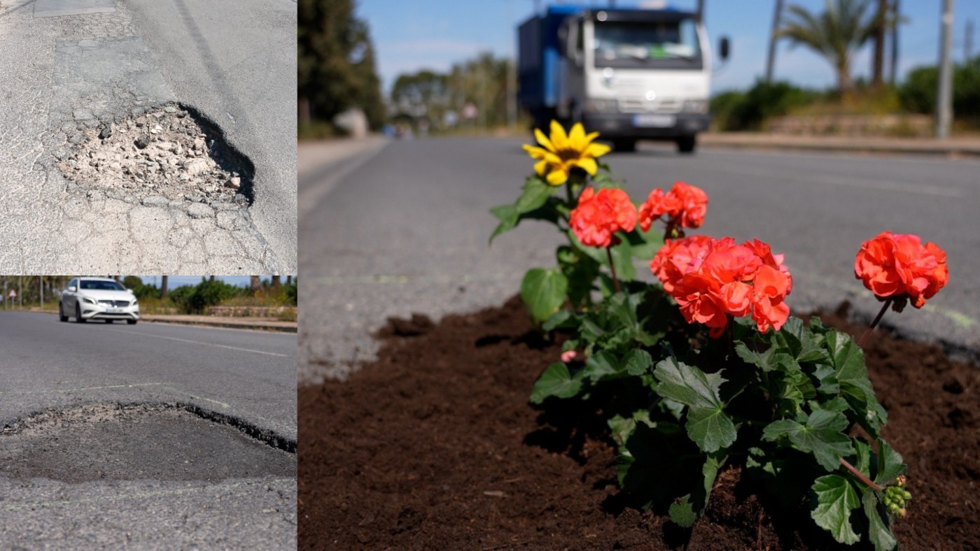 Una flor en cada bache para visibilizar el mal estado de la calzada en Murcia