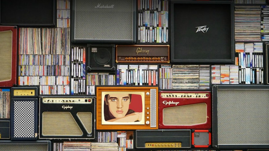 Altavoces, discos, CDs, dibujo Elvis