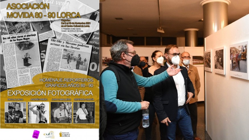 Cartel e inauguración de la exposición 'Homenaje reporteros gráficos años 80-90' en Lorca