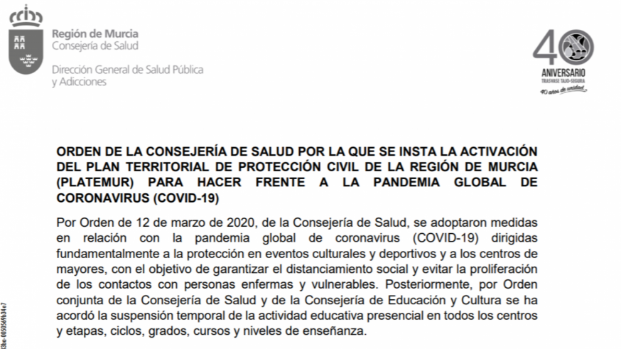 Orden de la Consejería de Salud publicada en el BORM