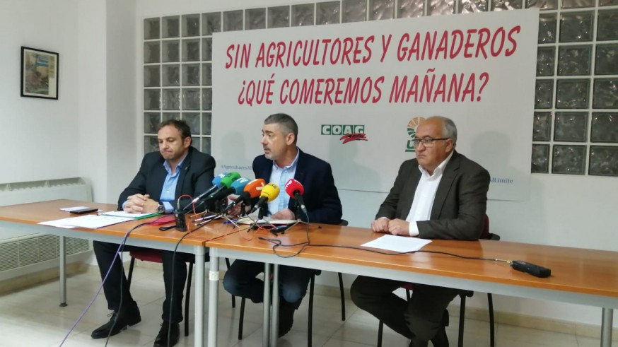 Miguel Padilla, de COAG; Alfonso Gálvez, secretario de ASAJA; y Marcos Alarcón, de UPA