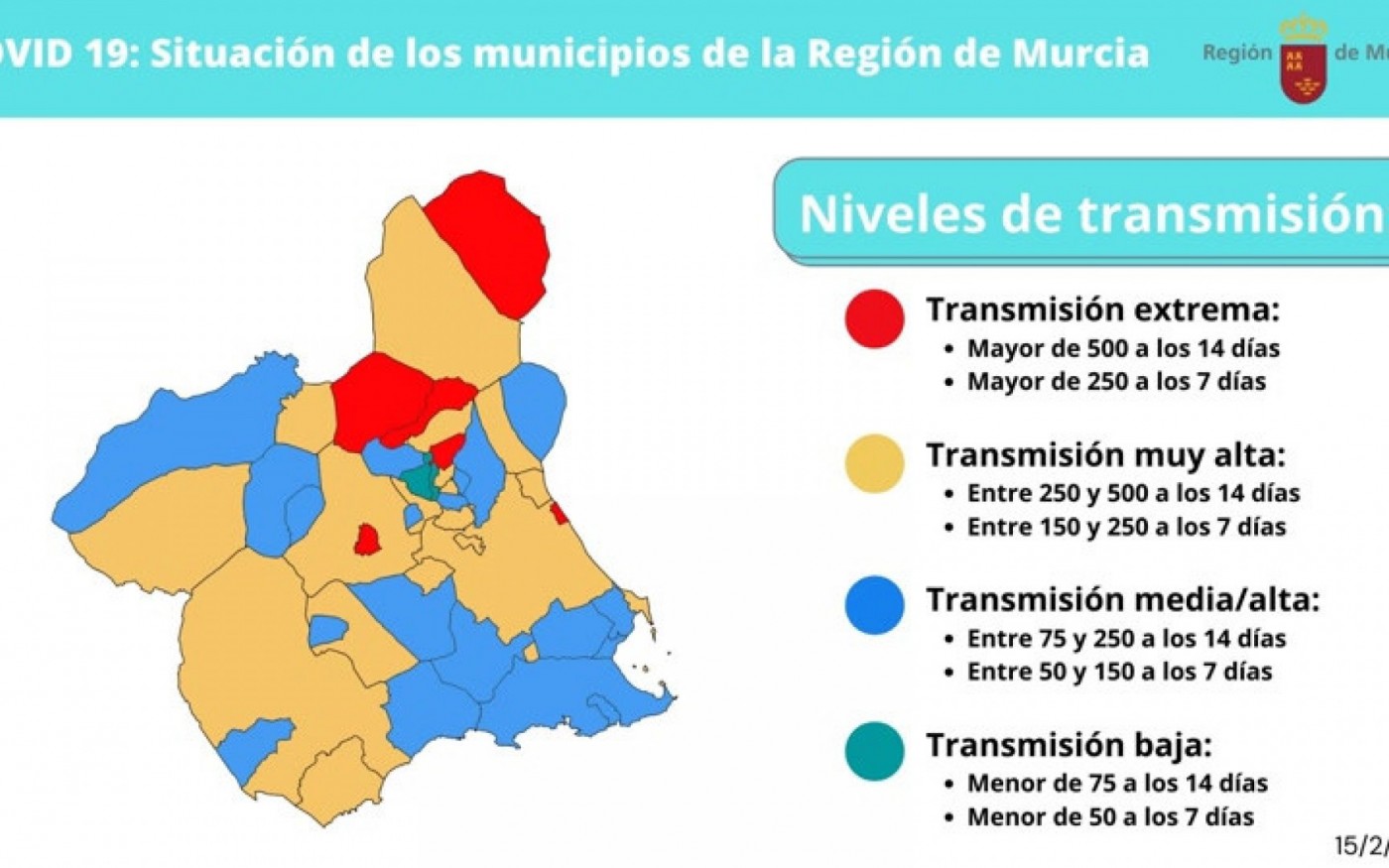 Situación de los municipios de la Región de Murcia actualizado a 15 de febrero