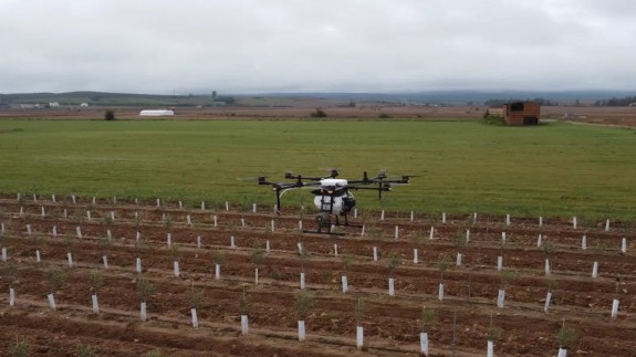 Uno de los drones de Baltor sobre un campo de olivos. CEDIDA