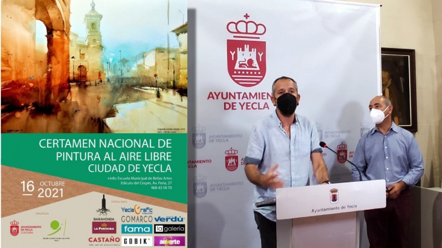 Cartel del certamen de pintura 'Ciudad de Yecla' y Pedro Camacho con el concejal de Cultura, Jesús Verdú