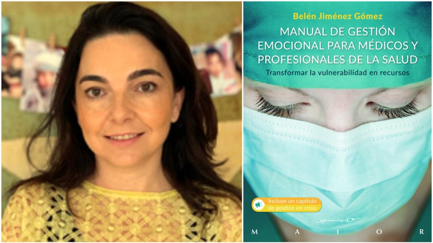 Belén Jiménez Gómez y portada de 'Manual de gestión emocional para médicos y profesionales de la salud'