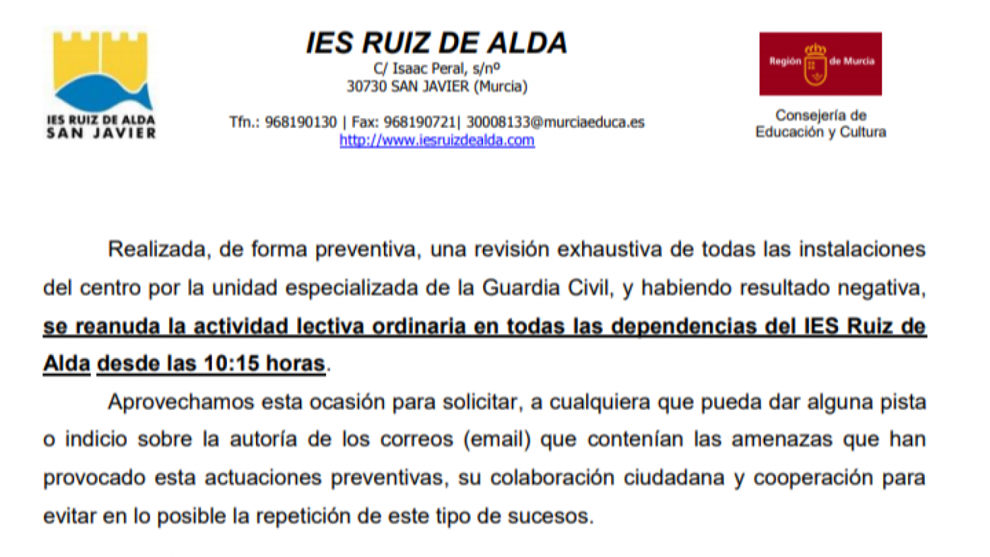 Comunicado emitido por el IES Ruiz de Alda