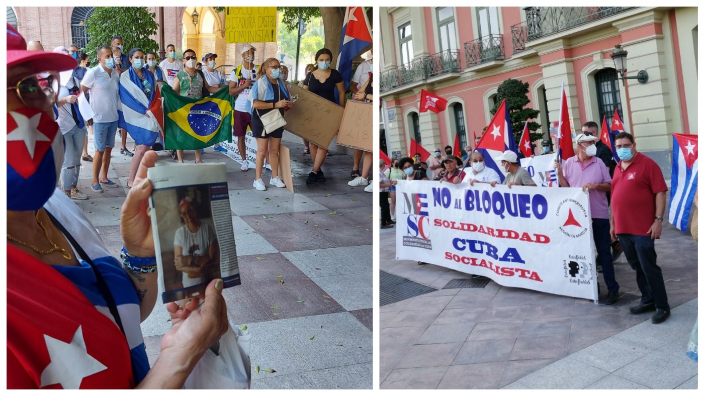 Protestas en Murcia: a la izda. detractores del régimen cubano; a la dcha. contra el bloqueo de EEUU