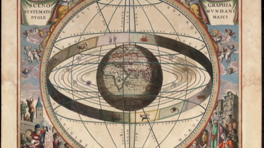 Representación del Sistema de Ptolomeo o Ptolemáico, que postula un Universo geocéntrico