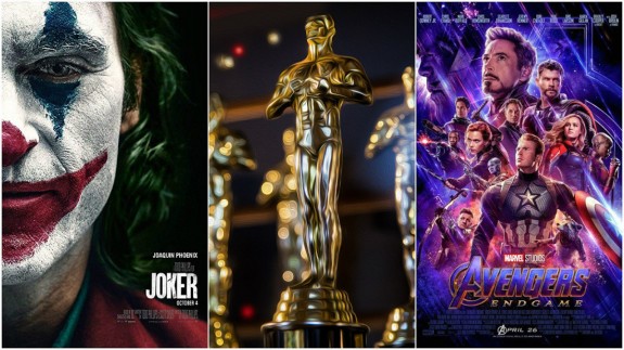 Carteles de 'Joker' y 'Vengadores: Endgame' y estatuilla de los Premios Oscar