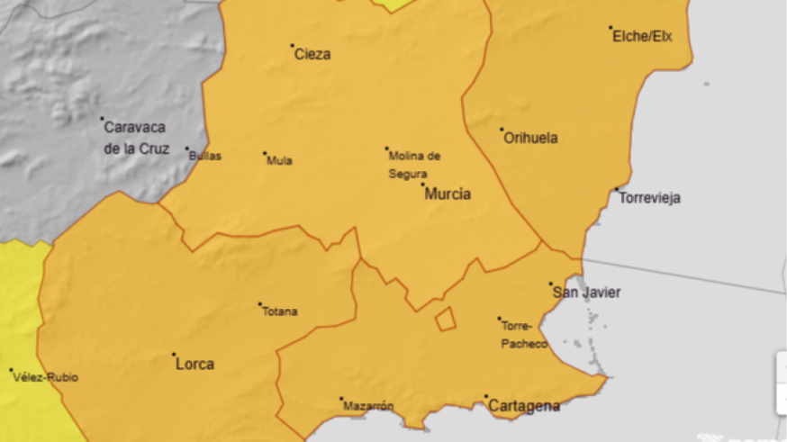 Aviso naranja por lluvias y tormentas este miércoles en buena parte de la Región de Murcia