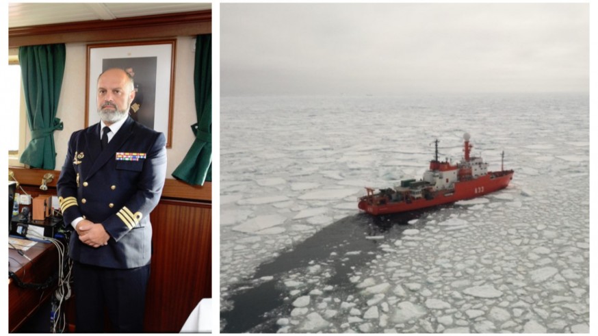 El Comandante Emilio Regodón Gómez junto a una imagen del Hespérides navegando en medio del hielo