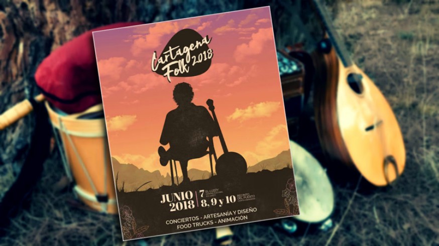 Cartel del festival Cartagena Folk e instrumentos musicales