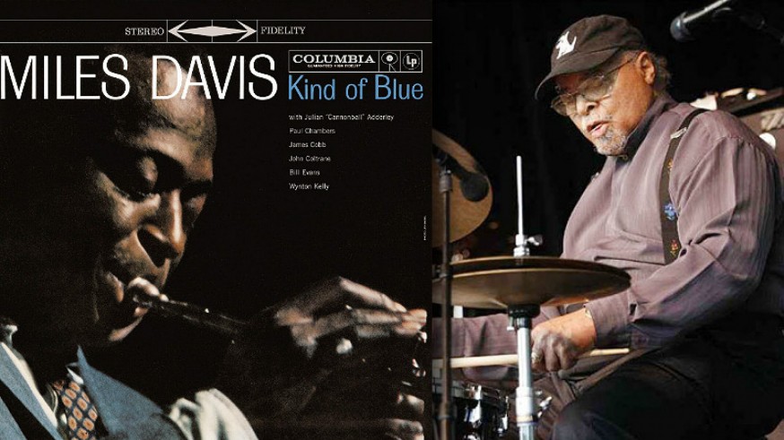 Portada del disco 'Kind of blue' de Miles Davis y fotografía del baterista Jimmy Cobb