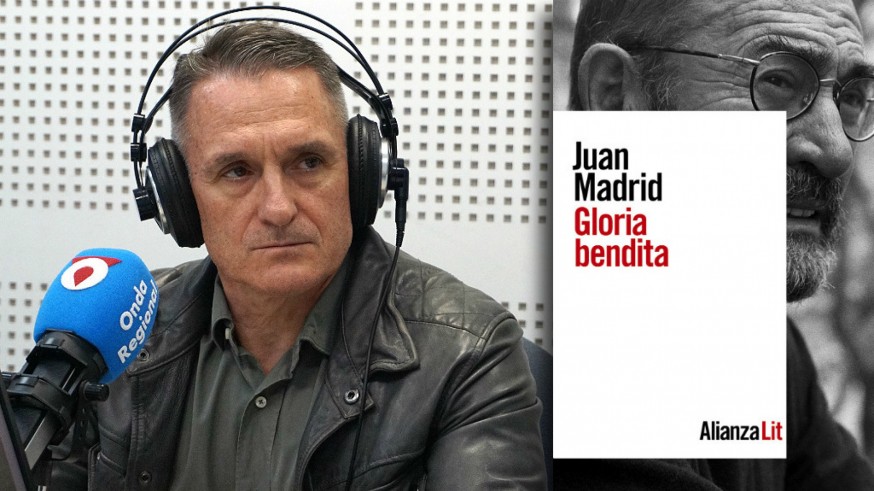 Ignacio del Olmo y portada de 'Gloria bendita' de Juan Madrid