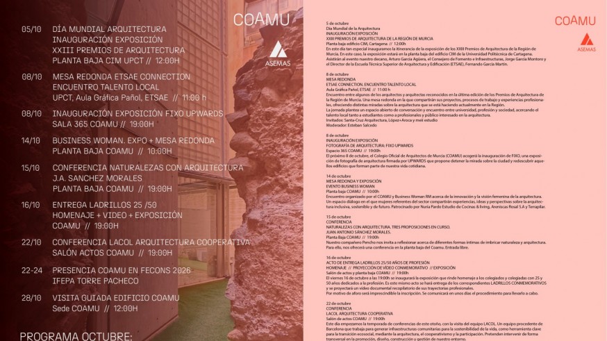 El COAMU celebra el Mes de la Arquitectura con un amplio programa de actividades en octubre