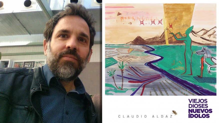 Claudio Aldaz y cartel de su exposición 'Viejos dioses, nuevos ídolos'