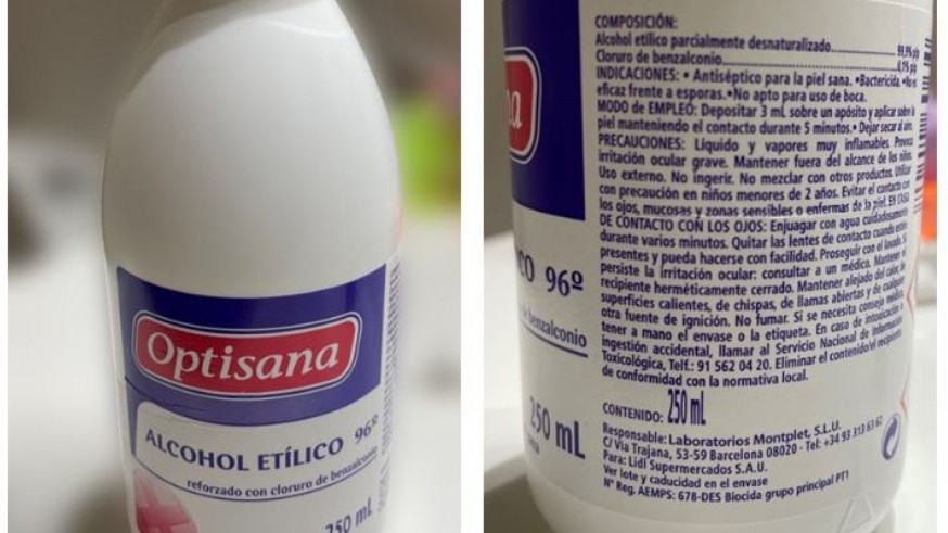 Sanidad retira un lote de 'Optisana Alcohol 96º' con cloruro de benzalconio por etiquetado incorrecto