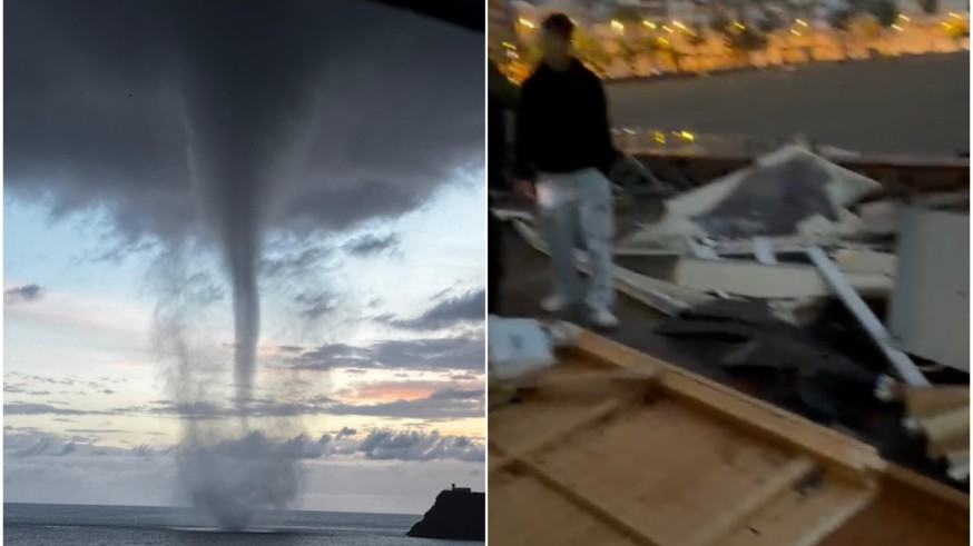 Un tornado destroza terrazas, mobiliario urbano y barcos en Puerto de Mazarrón