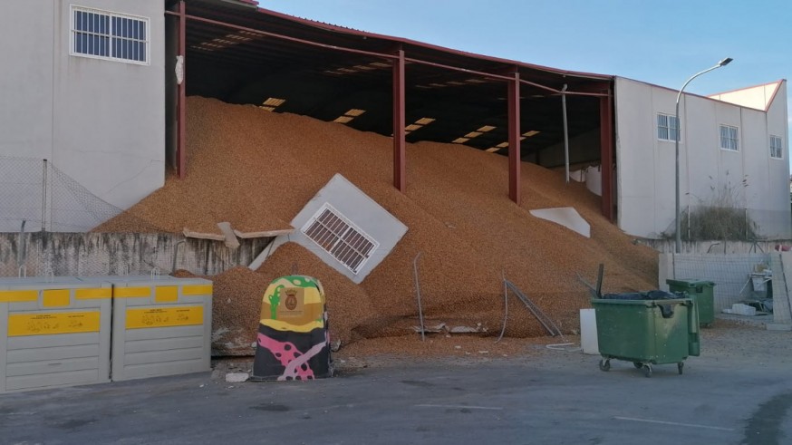 Almendras esparcidas tras el derrumbe de las paredes del almacén