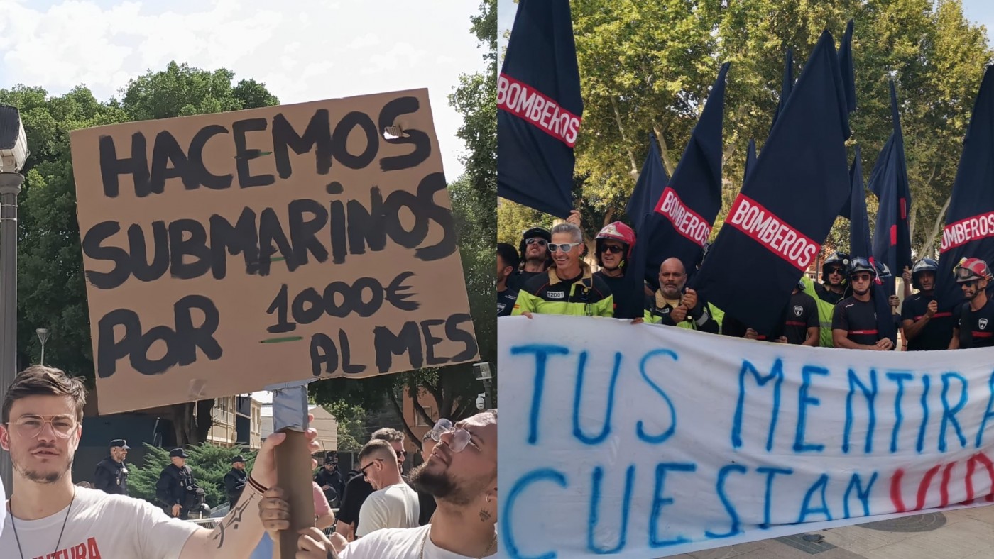 Protestas de trabajadores auxiliares de Navantia y de los bomberos del Consorcio en el inicio del debate en la Asamblea Regional 