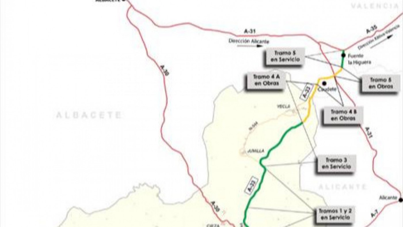 Mapa del tramo de la A33 entre Yecla y Caudete.