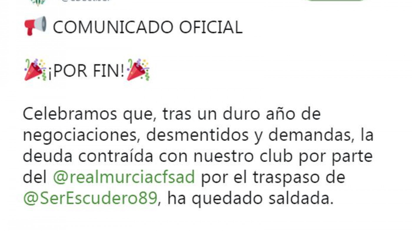 Tweet del comunicado oficial del Betis de Valladolid