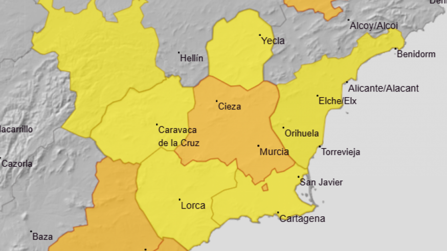 Elevan a naranja el la viso por lluvias en la Vega del Segura y amplían el amarillo al Altiplano