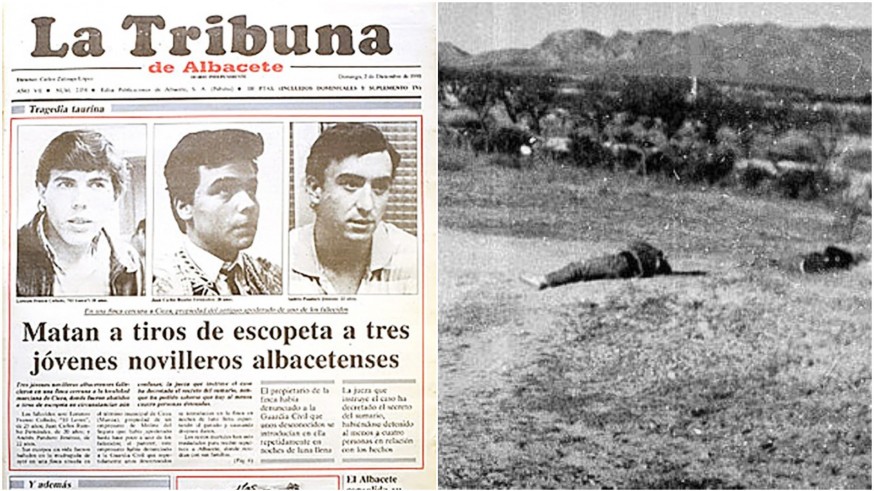Portada de La Tribuna de Albacete y dos de los cuerpos encontrados en la finca Charco Lentisco