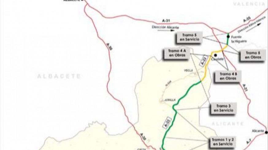 Mapa del tramo de la A33 entre Yecla y Caudete.
