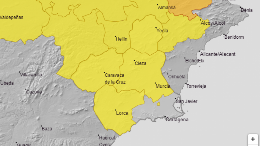 Aviso amarillo por lluvias y tormentas para este lunes en la Región de Murcia