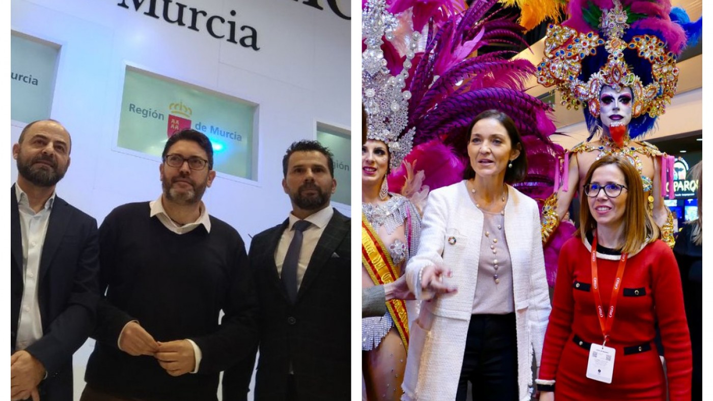 Miguel Sánchez en el pabellón de Murcia y en Fitur, y la alcaldesa de Cartagena junto a la ministra de Turismo