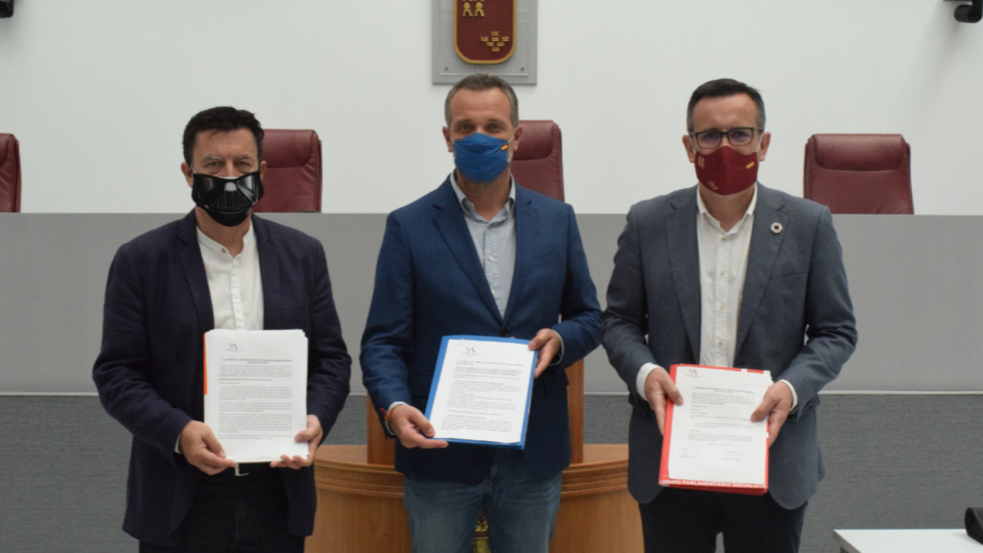 Juanjo Molina, Joaquín Segado y Diego Conesa con las enmiendas presentadas