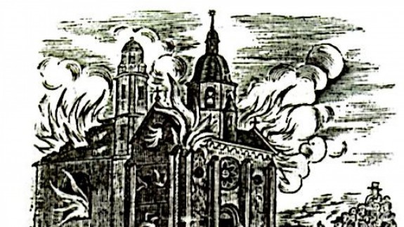 Grabado de la época con la Catedral de Murcia en llamas